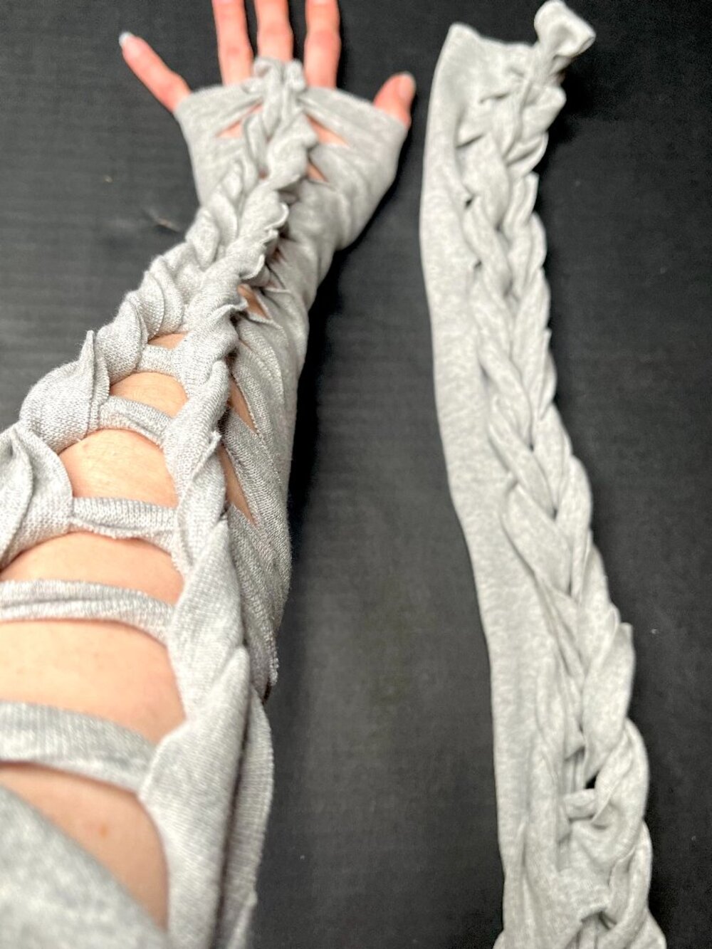 Long Lace Up Gloves Gray Cotton Arm Warmers Sleeves Cut Out Apocalypse Costume